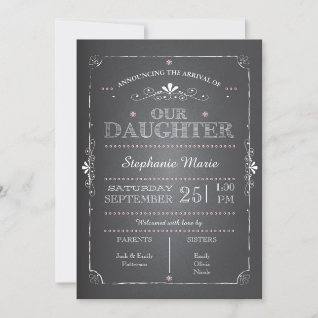 Lovely Chalkboard Baby Girl Birth Announcement (Front)