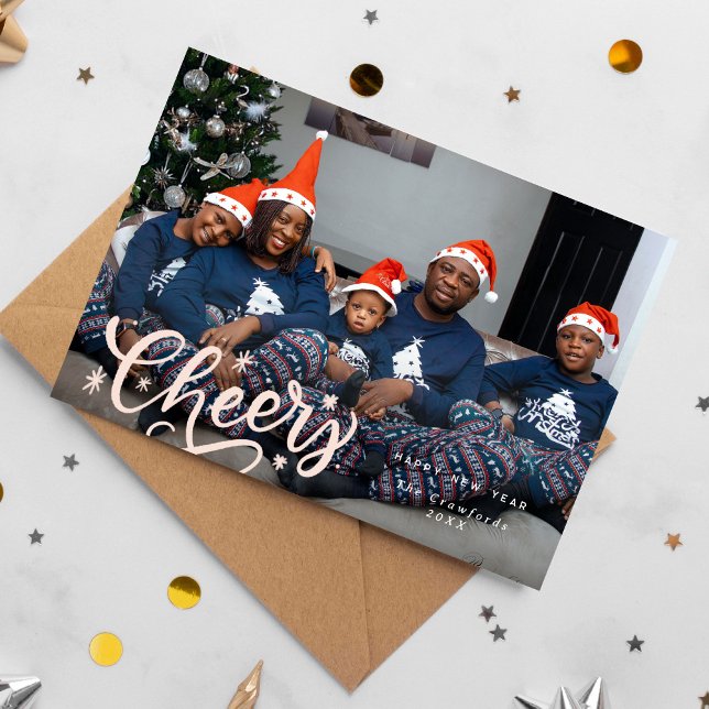 Lovely Cheers Script New Year's Photo Holiday Card (New Year's photo card with cheers in a lovely hand-lettered script)