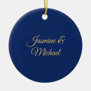 Lovely Chic Calligraphy Couple Names Blue & Gold Ceramic Tree Decoration