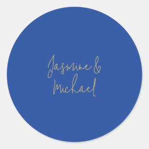 Lovely Chic Calligraphy Couple Names Blue & Gold Classic Round Sticker