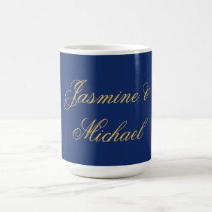 Lovely Chic Calligraphy Couple Names Blue & Gold Coffee Mug