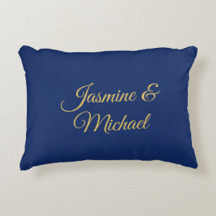 Lovely Chic Calligraphy Couple Names Blue & Gold Decorative Cushion