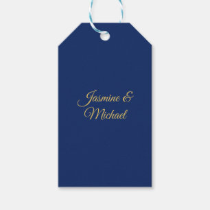Lovely Chic Calligraphy Couple Names Blue & Gold Gift Tags