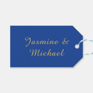 Lovely Chic Calligraphy Couple Names Blue & Gold Gift Tags