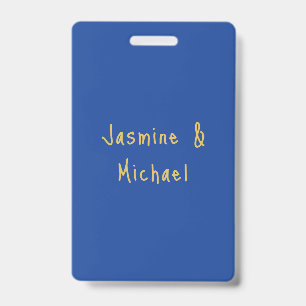 Lovely Chic Calligraphy Couple Names Blue & Gold ID Badge