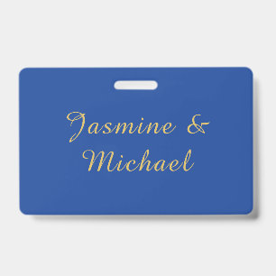 Lovely Chic Calligraphy Couple Names Blue & Gold ID Badge