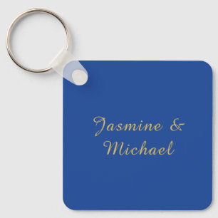 Lovely Chic Calligraphy Couple Names Blue & Gold Key Ring
