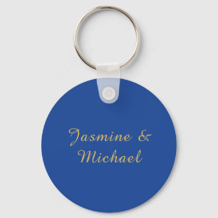 Lovely Chic Calligraphy Couple Names Blue & Gold Key Ring