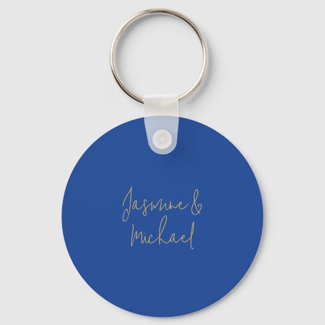 Lovely Chic Calligraphy Couple Names Blue & Gold Key Ring (Front)