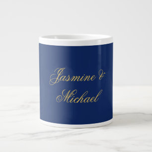 Lovely Chic Calligraphy Couple Names Blue & Gold Large Coffee Mug