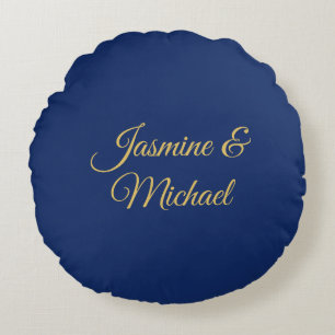 Lovely Chic Calligraphy Couple Names Blue & Gold Round Cushion