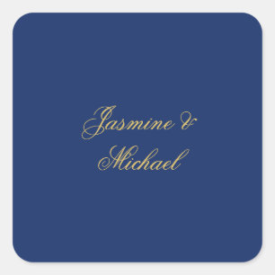 Lovely Chic Calligraphy Couple Names Blue & Gold Square Sticker