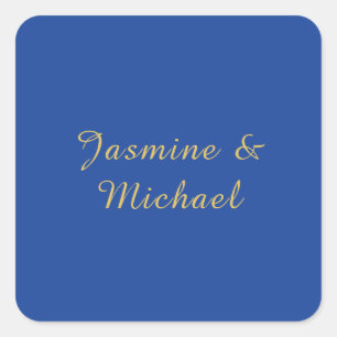 Lovely Chic Calligraphy Couple Names Blue & Gold Square Sticker
