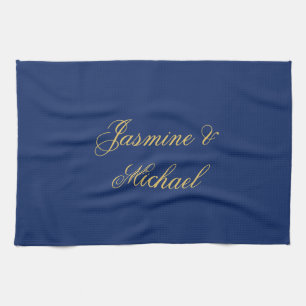 Lovely Chic Calligraphy Couple Names Blue & Gold Tea Towel