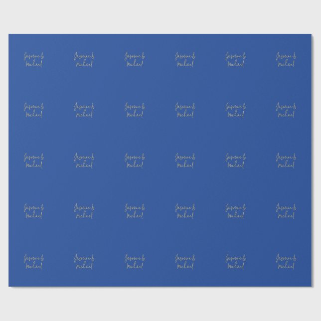 Lovely Chic Calligraphy Couple Names Blue & Gold Wrapping Paper (Flat)