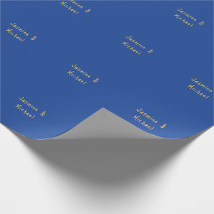 Lovely Chic Calligraphy Couple Names Blue & Gold Wrapping Paper
