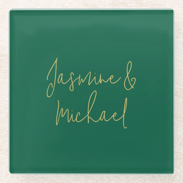 Lovely Chic Calligraphy Couple Names Green & Gold Glass Coaster (Front)