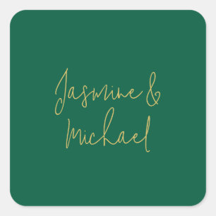 Lovely Chic Calligraphy Couple Names Green & Gold Square Sticker