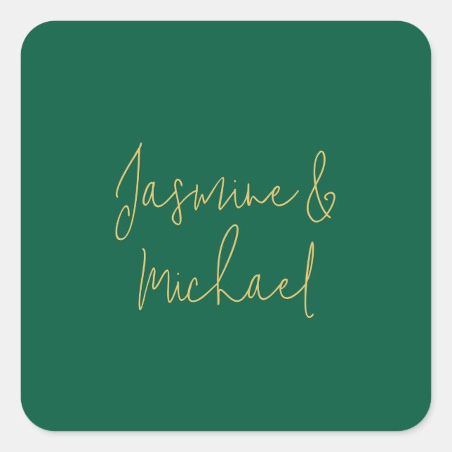 Lovely Chic Calligraphy Couple Names Green & Gold Square Sticker (Front)