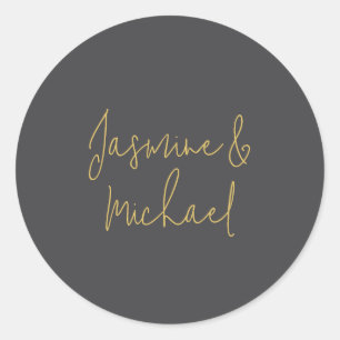 Lovely Chic Calligraphy Couple Names Grey & Gold Classic Round Sticker