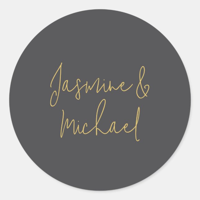 Lovely Chic Calligraphy Couple Names Grey & Gold Classic Round Sticker (Front)