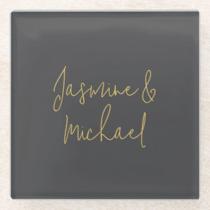 Lovely Chic Calligraphy Couple Names Grey & Gold Glass Coaster