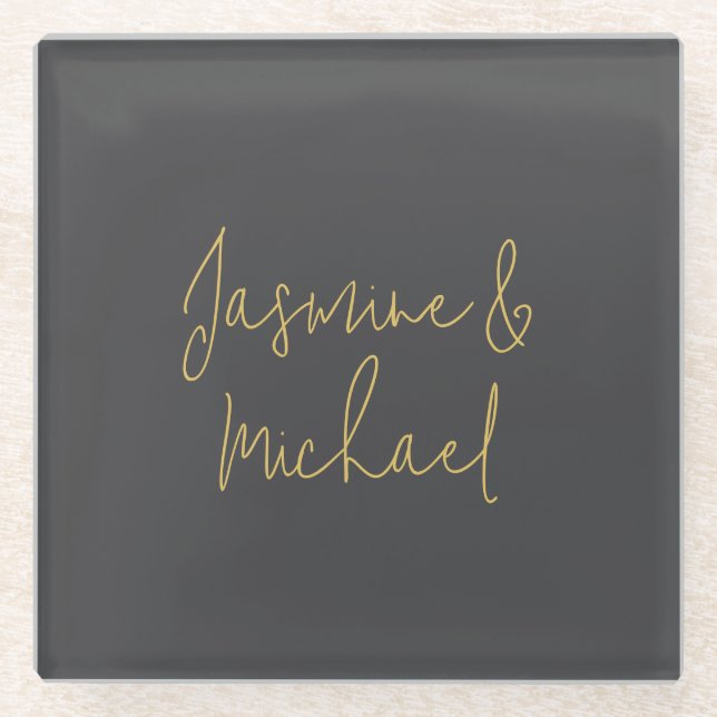 Lovely Chic Calligraphy Couple Names Grey & Gold Glass Coaster (Front)