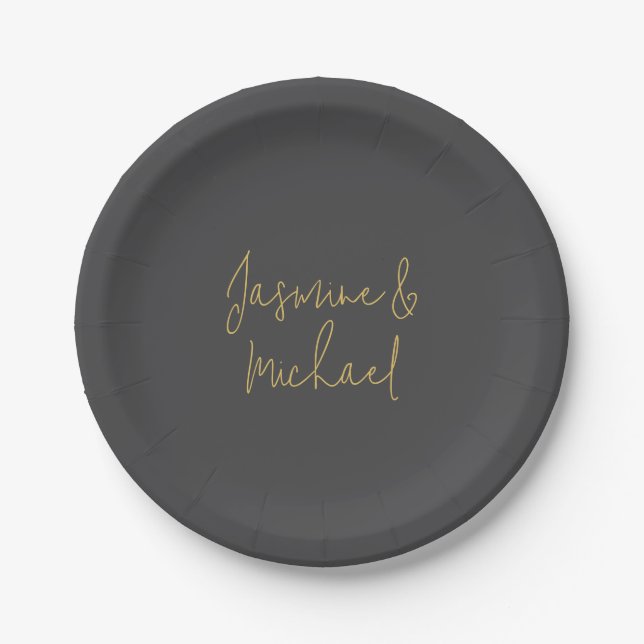 Lovely Chic Calligraphy Couple Names Grey & Gold Paper Plate (Front)
