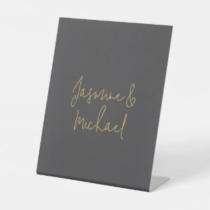 Lovely Chic Calligraphy Couple Names Grey & Gold Pedestal Sign
