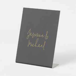Lovely Chic Calligraphy Couple Names Grey & Gold Pedestal Sign