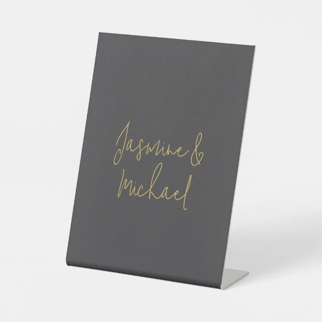 Lovely Chic Calligraphy Couple Names Grey & Gold Pedestal Sign (Front)