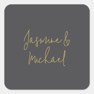 Lovely Chic Calligraphy Couple Names Grey & Gold Square Sticker