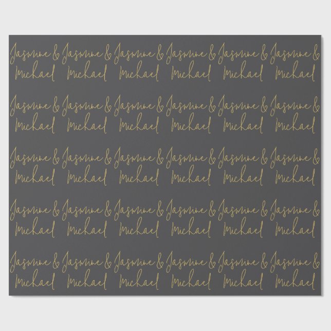 Lovely Chic Calligraphy Couple Names Grey & Gold Wrapping Paper (Flat)