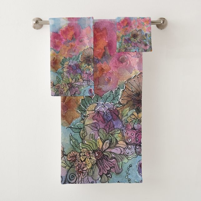 Lovely Chic Flower Garden Watercolor Painting  Bath Towel Set (Insitu)