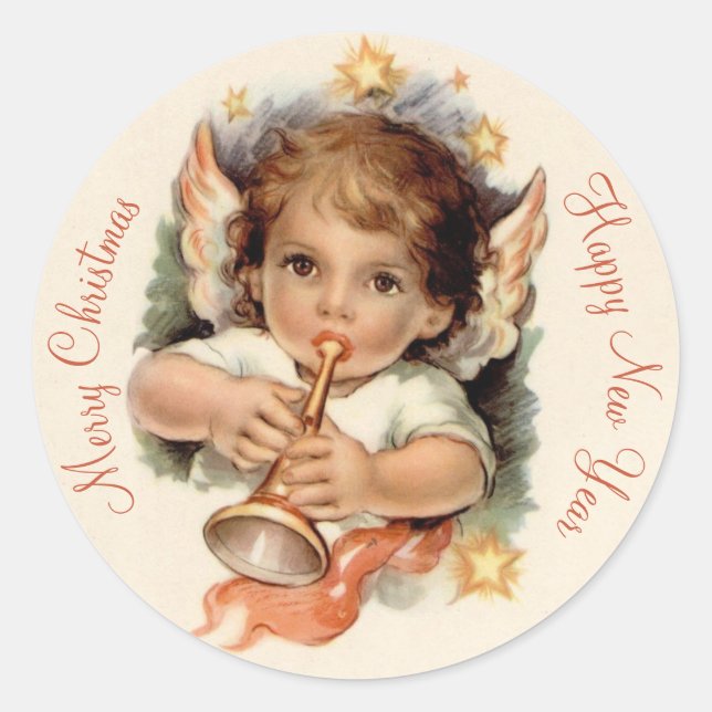 Lovely Christmas angel blowing a trumpet CC1030 Classic Round Sticker (Front)