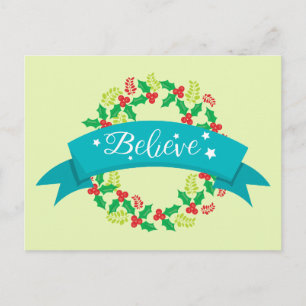 Lovely Christmas Believe Green and Red Wreath Postcard