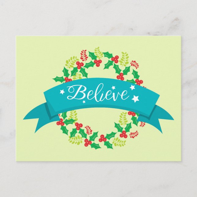Lovely Christmas Believe Green and Red Wreath Postcard (Front)