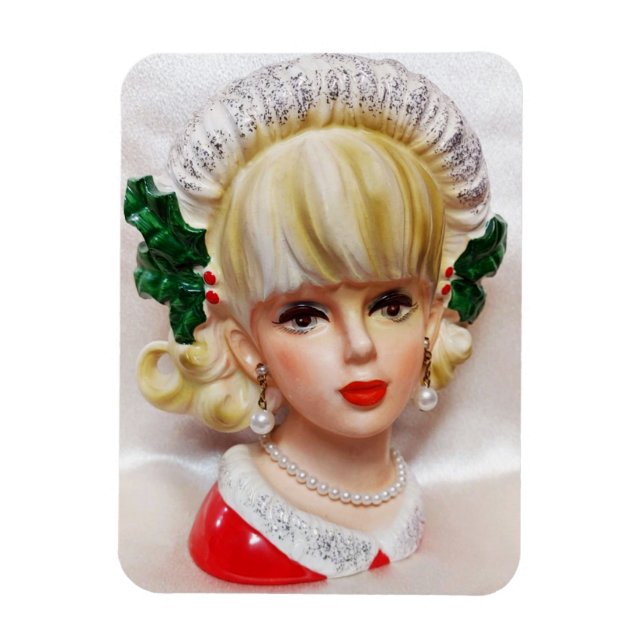 Lovely Christmas Girl Head Vase Holly and Fur Magnet (Vertical)