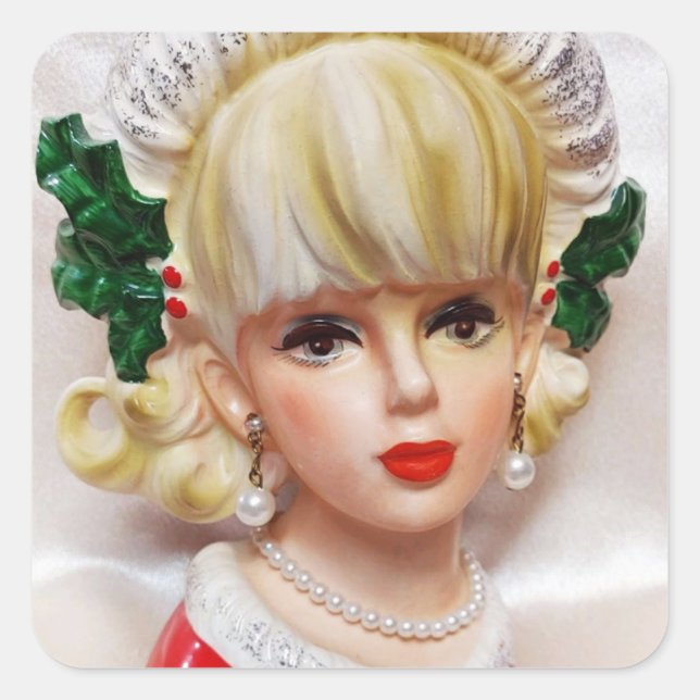 Lovely Christmas Girl Head Vase Holly and Fur Square Sticker (Front)