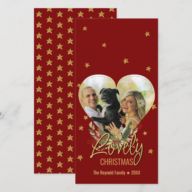 Lovely Christmas Gold Heart Photo Glitter Star Red (Front/Back)