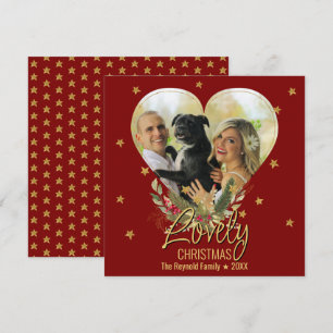 Lovely Christmas Photo Heart Gold Glitter Star Red Holiday Card