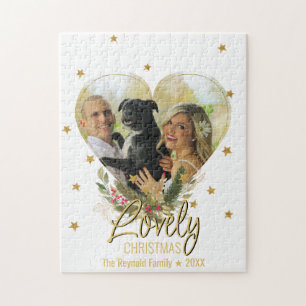 Lovely Christmas Photo Heart Gold Glitter Stars Jigsaw Puzzle