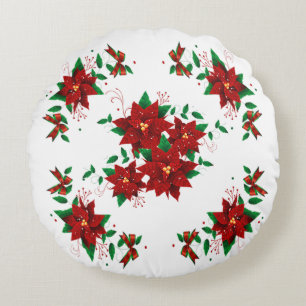 Lovely Christmas Red Flowers Round Pillow