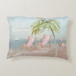 Lovely Christmas Watercolor Beach Scene  Decorative Cushion<br><div class="desc">Watercolor Beach -- peaceful and gentle scene with two beach chairs and your flamingo "dressed" for the holiday -- lovely as an accent pillow for you to have or perfect as a gift. Leave the message or personalise. Any design questions just send a chat or an email to charmdesignstudio@rcn.com and...</div>