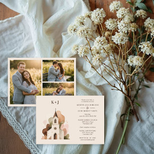 Lovely Church Watercolor 3-Photo Collage Wedding Invitation