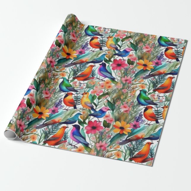 Lovely colourful flowers and birds Wrapping Paper (Unrolled)