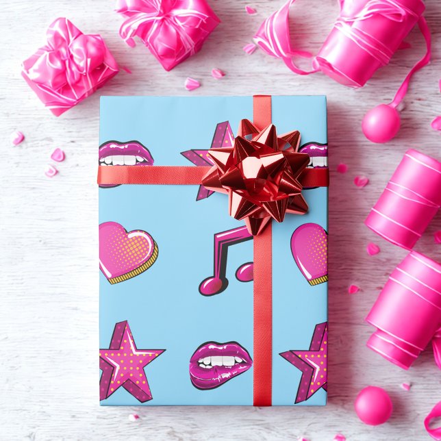 Lovely comic book style kiss star music heart  wrapping paper (Creator Uploaded)