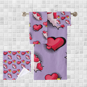 Lovely comic book style red and black heart gifts bath towel set
