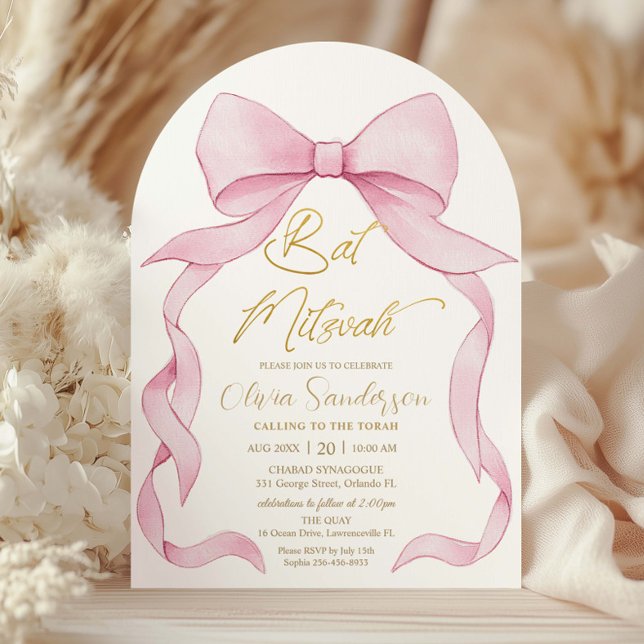Lovely Coquette Pink Ribbon Bows Bat Mitzvah Arch Invitation (Creator Uploaded)