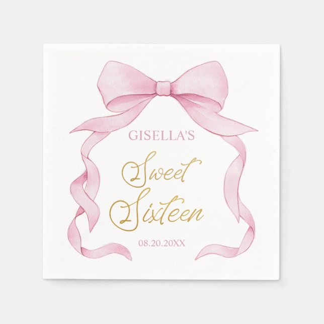 Lovely Coquette Pink Ribbon Bows Sweet 16 Sixteen  Napkin (Front)